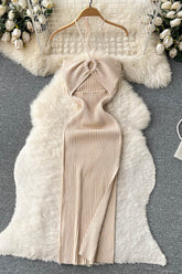 Robe en tricot slim dos nu ajourée pour femme, robe longue élégante